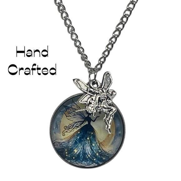 Hand Crafted Blue Yellow Silver Fairy Pendant Necklace & Earring Set NWT OS - Picture 1 of 6